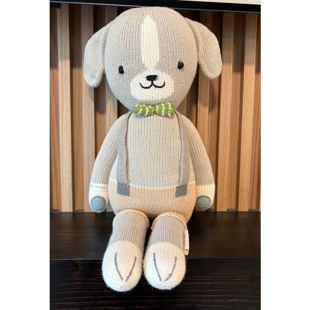 Cuddle + Kind Noah the Dog Hand Knit Plush Doll Peru Gray Green Bow Tie 20"